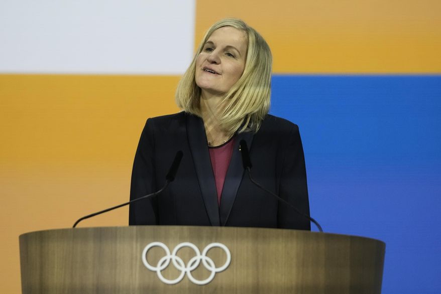 Kirsty Coventry speaks after she was announced as the new IOC President at the International Olympic Committee 144th session in Costa Navarino, western Greece, Thursday, March 20, 2025. (AP Photo/Thanassis Stavrakis)