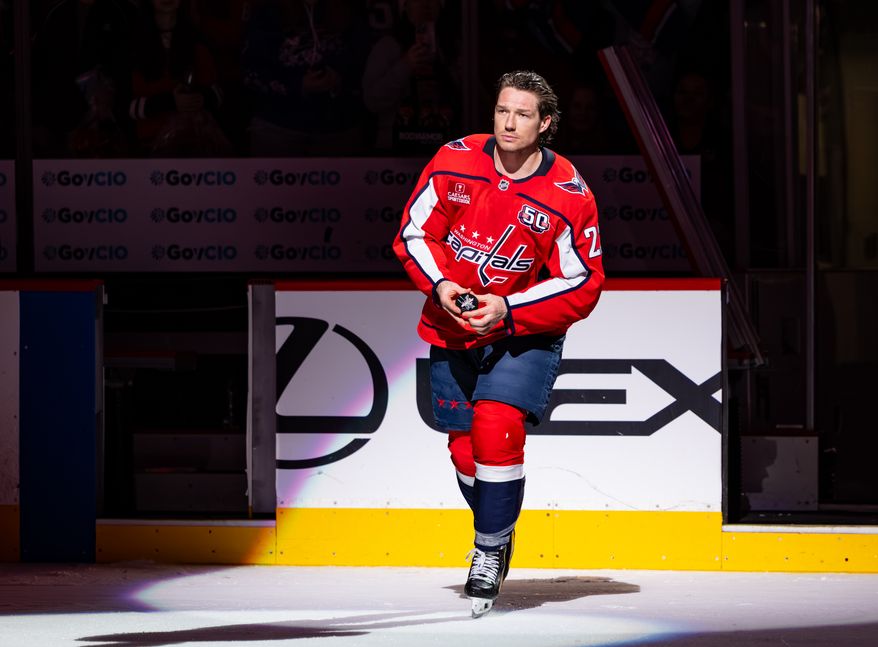 Washington Capitals right wing Brandon Duhaime (22) is star of the game as the Washington Capitals win over the Philadelphia Flyers on March 20 2025 at Capital One Arena in Washington D.C. (Alyssa Howell/ Washington Times)