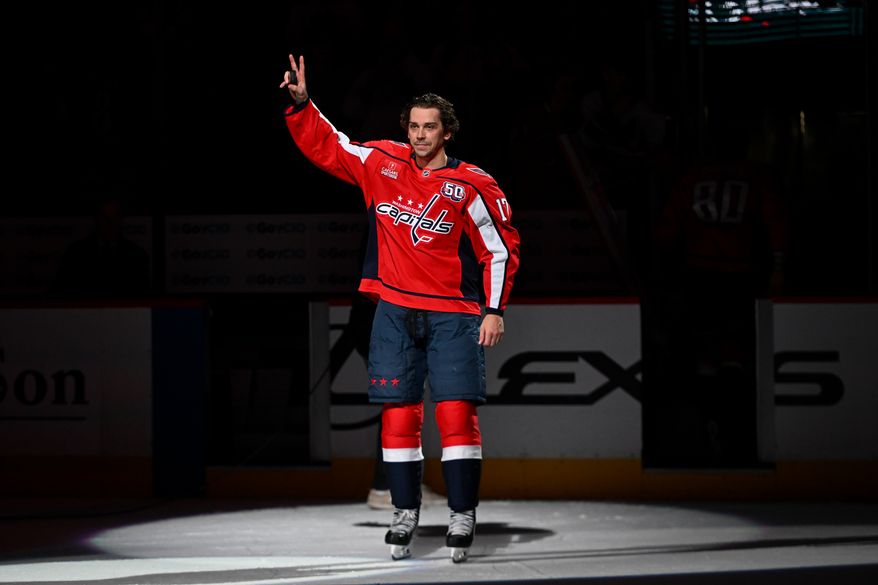 Washington Capitals center Dylan Strome (17) waving to the crowd after being named second star of the game after the team’s 4-1 victory over the Detroit Red Wings at Capital One Arena in Washington D.C., March 18, 2025. (Photo for the Washington Times)