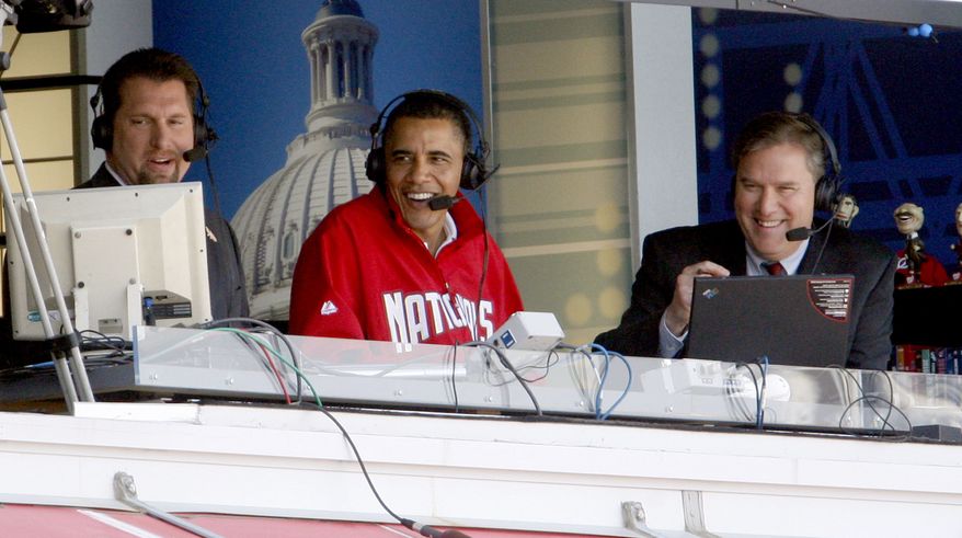 President Barack Obama joins Washington Nationals broadcasters Bob Carpenter, right, and Rob Dibble, in the broadcast booth during opening day baseball game between the Philadelphia Phillies and Washington Nationals at Nationals, Monday, April 5, 2010, at Nationals Park in Washington. (AP Photo/Pablo Martinez Monsivais) **FILE**