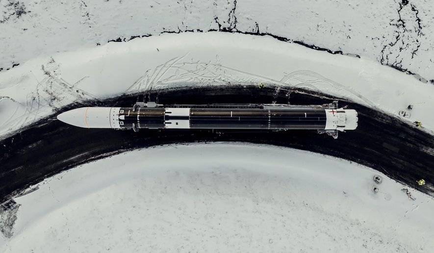 In a photo provided by Isar Aerospace, Photo Wingmen Media, Isar Aerospace Launch Vehicle "Spectrum" is transported to a launchpad at Andoya Spaceport in Nordmela, on Andøya island, Norway, on March 10, 2025. (Isar Aerospace, Photo Wingmen Media via AP)