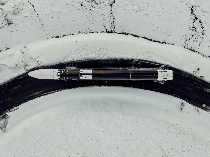 In a photo provided by Isar Aerospace, Photo Wingmen Media, Isar Aerospace Launch Vehicle "Spectrum" is transported to a launchpad at Andoya Spaceport in Nordmela, on Andøya island, Norway, on March 10, 2025. (Isar Aerospace, Photo Wingmen Media via AP)