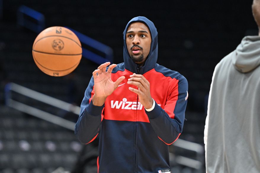 Washington Wizards center Alex Sarr (20) on the court during pregame warmups before an NBA game against the Toronto Raptors at Capital One Arena in Washington D.C., March 24, 2025. (Photo for the Washington Times)