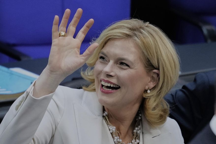 Julia Klpeckner reacts after being elected new Parliament President during the constituent session of the newly elected German Parliament Bundestag in Berlin, Germany, Tuesday, March 25, 2025. (AP Photo/Ebrahim Noroozi)