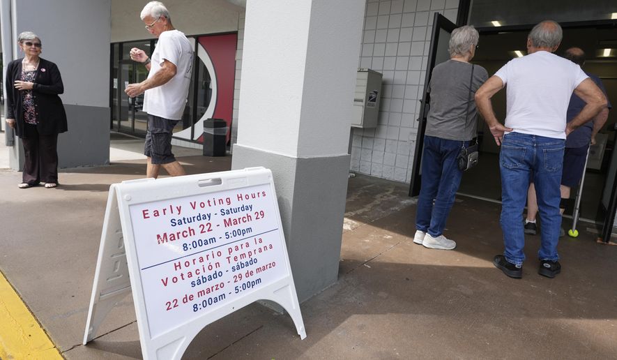Early voters line up outside the Supervisor of Elections office Tuesday, March 25, 2025, in DeLand, Fla. (AP Photo/John Raoux)
