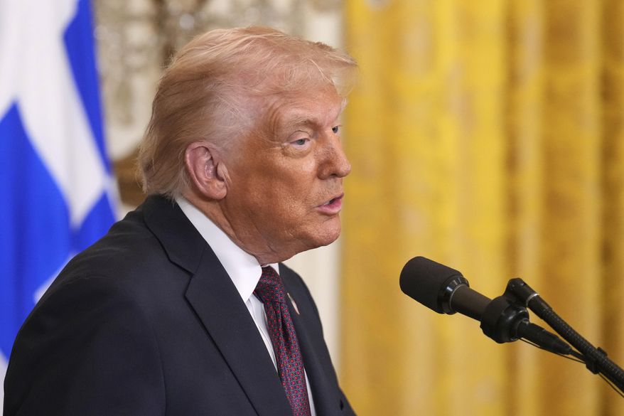 President Donald Trump speaks at a reception celebrating Greek Independence Day in the East Room of the White House, Monday, March 24, 2025, in Washington. (AP Photo/Jacquelyn Martin)
