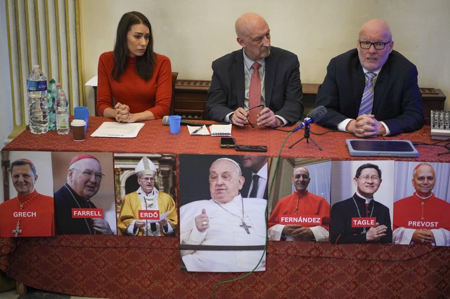 From left, SNAP, Survivors Network of those Abused by Priests, activists Sarah Pearson, Peter Isely and president Shaun Dougherty talk to reporters during a press conference, in Rome, Tuesday, March 25, 2025. (AP Photo/Andrew Medichini)