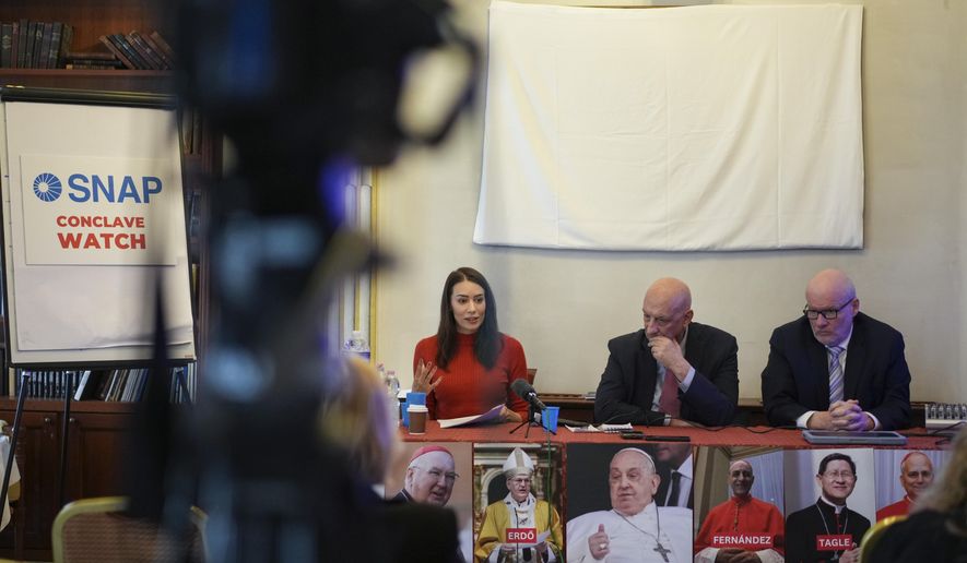 From left, SNAP, Survivors Network of those Abused by Priests, activists Sarah Pearson, Peter Isely and president Shaun Dougherty talk to reporters during a press conference, in Rome, Tuesday, March 25, 2025. (AP Photo/Andrew Medichini)