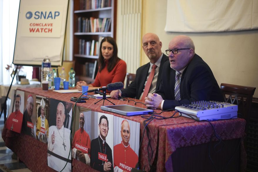 From left, SNAP, Survivors Network of those Abused by Priests, president Shaun Doughert, right, and activists Sarah Pearson, left, and Peter Isely talk to reporters during a press conference, in Rome, Tuesday, March 25, 2025. (AP Photo/Andrew Medichini)