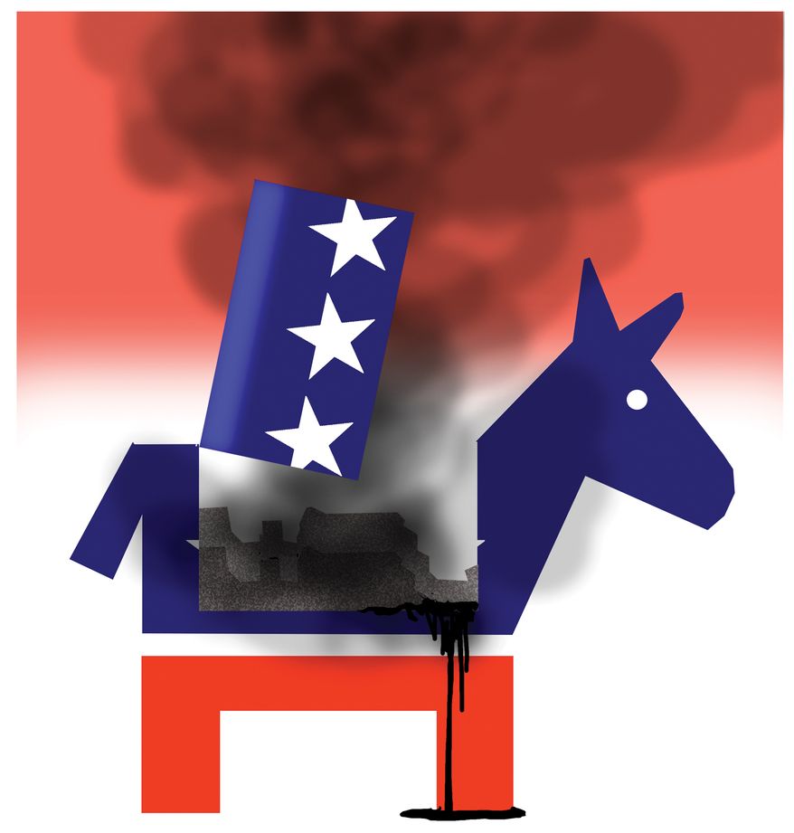 Broken Democratic Party illustration by Alexander Hunter/The Washington Times