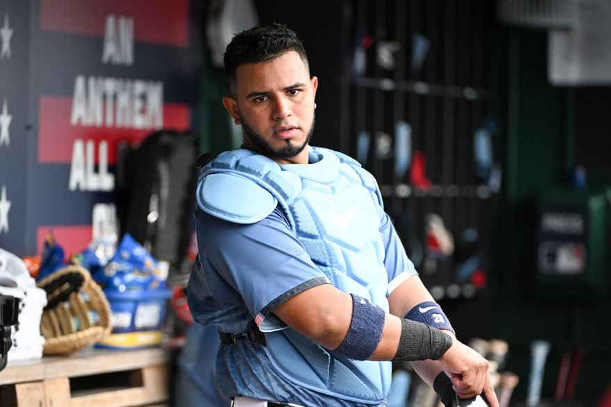Washington Nationals catcher Keibert Ruiz (20) in the dugout during the fourth inning of an MLB game against the Philadelphia Phillies at Nationals Park in Washington D.C., March 29, 2025. (Photo by All-Pro Reels for Washington Times Sports)
