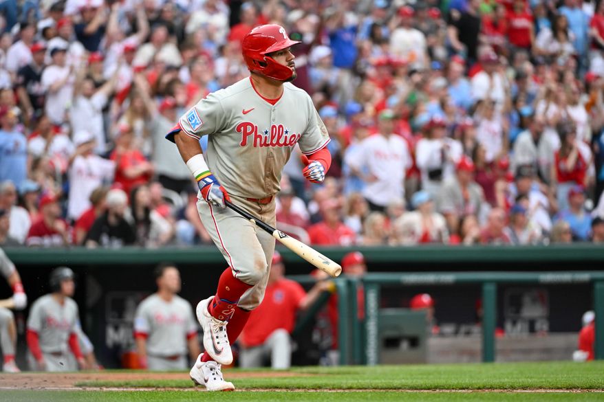 Philadelphia Phillies designated hitter Kyle Schwarber (12) hitting a home run during the sixth inning of an MLB game against the Washington Nationals at Nationals Park in Washington D.C., March 29, 2025. (Photo by All-Pro Reels for Washington Times Sports)