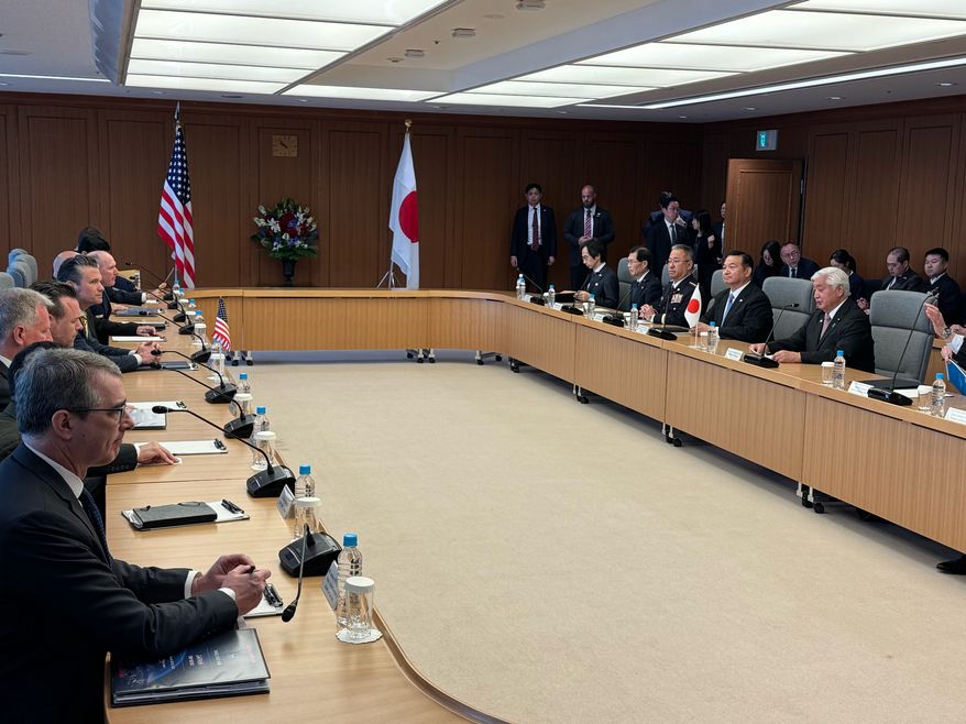 Defense Secretary Pete Hegseth told Japan’s Defense Minister Gen Nakatan that the U.S.-Japan alliance has never been stronger. (Bill Gertz/The Washington Times)