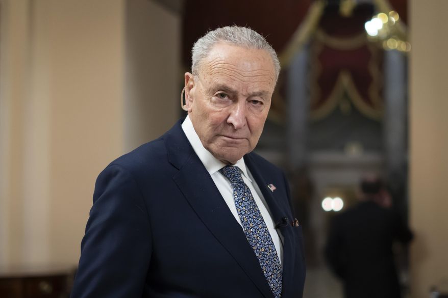 FILE - Senate Minority Leader Chuck Schumer, D-N.Y., is pictured during a television interview at the Capitol in Washington, March 14, 2025. (AP Photo/Ben Curtis)