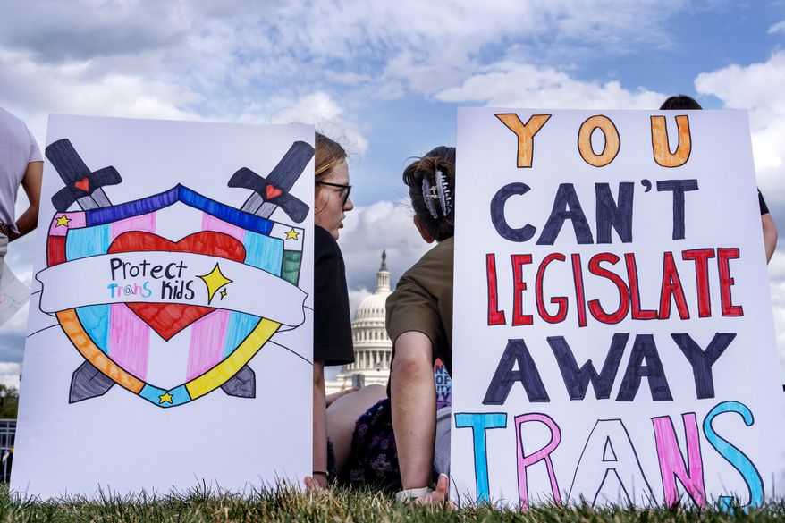 With the U.S Capitol seen between them, people sit by signs saying "protect trans kids," and "you can't legislate away trans" as they attend a rally for the Trans Day of Visibility, on the National Mall, Monday, March 31, 2025, in Washington. (AP Photo/Jacquelyn Martin)