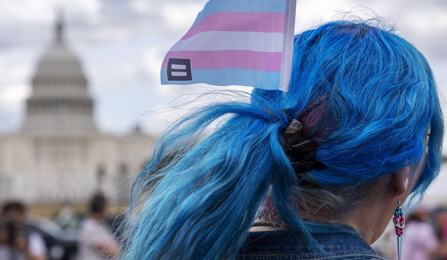 With the Capitol in the background, Kali wears a trans equality flag in her hair while attending a rally for the Trans Day of Visibility, on the National Mall, Monday, March 31, 2025, in Washington."I'm here because I'm trans and it's a day to be visible," she said, "our rights, everyone's rights, are under attack." (AP Photo/Jacquelyn Martin)