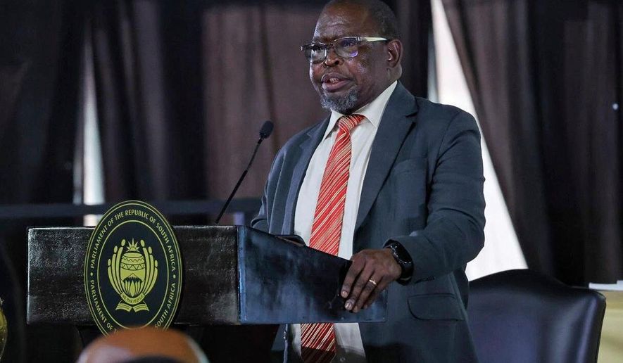 In this photo provided by the South African Government Communications and Information Services (GCIS), the Finance Minister Enoch Godongwana speaks before the vote for national budget for 2025 in the National Assembly, in Cape Town, South Africa, Wednesday, April 2, 2025. (Jairus Mmutle/GCIS via AP)