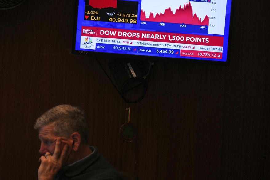 A screen displays financial news as traders work on the floor at the New York Stock Exchange in New York, Thursday, April 3, 2025. (AP Photo/Seth Wenig)