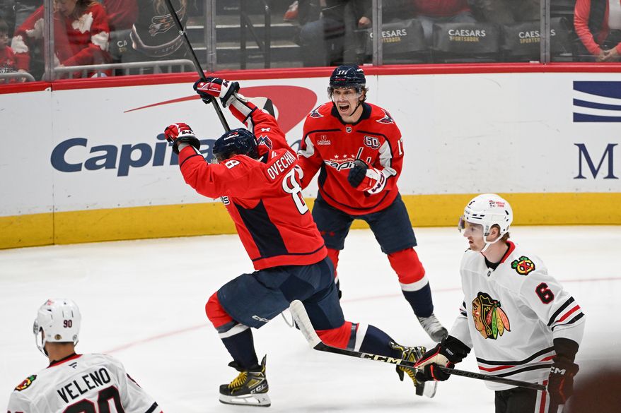 Washington Capitals left wing Alex Ovechkin (8) celebrating after scoring goal number 893 during the first period of an NHL game against the Chicago Blackhawks at Capital One Arena in Washington D.C., April 4, 2025. (Photo for the Washington Times)