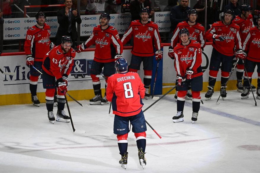 Washington Capitals left wing Alex Ovechkin (8) on the ice after scoring goal 894 during the third period of an NHL game against the Chicago Blackhawks at Capital One Arena in Washington D.C., April 4, 2025. (Photo for the Washington Times)