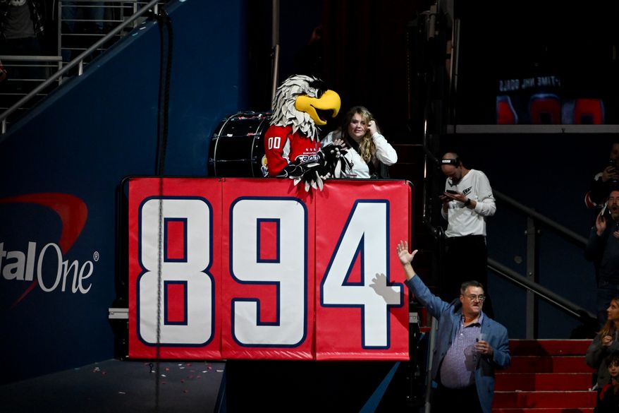 Slapshot turning the goal counter after Alex Ovechkin scored goal 894 during the third period of an NHL game against the Chicago Blackhawks at Capital One Arena in Washington D.C., April 4, 2025. (Photo for the Washington Times)
