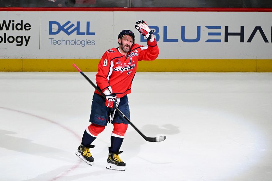 Washington Capitals left wing Alex Ovechkin (8) waving to the crowd after scoring goal 894 during the third period of an NHL game against the Chicago Blackhawks at Capital One Arena in Washington D.C., April 4, 2025. (Photo for the Washington Times)