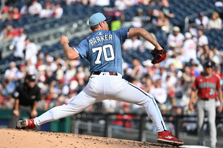 Washington Nationals starting pitcher Mitchell Parker (70) throwing a pitch during the fourth inning of an MLB game against the Arizona Diamondbacks at Nationals Park in Washington D.C., April 5, 2025. (Photo by All-Pro Reels for Washington Times Sports)