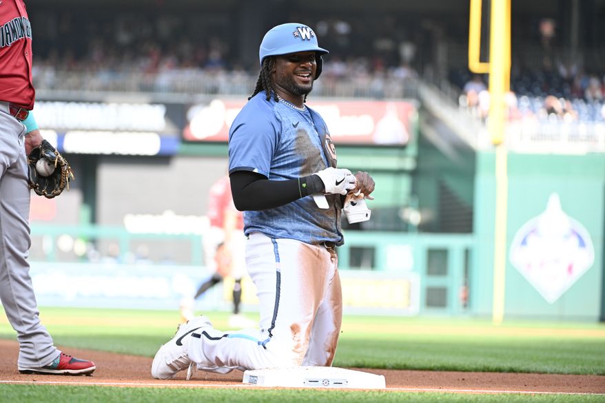 Washington Nationals designated hitter Josh Bell (19) on third base after hitting a triple during the fourth inning of an MLB game against the Arizona Diamondbacks at Nationals Park in Washington D.C., April 5, 2025. (Photo by All-Pro Reels for Washington Times Sports)