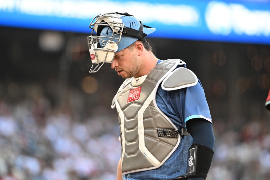 Washington Nationals catcher Riley Adams (15) on the field during a break in the action during the eighth inning of an MLB game against the Arizona Diamondbacks at Nationals Park in Washington D.C., April 5, 2025. (Photo by All-Pro Reels for Washington Times Sports)