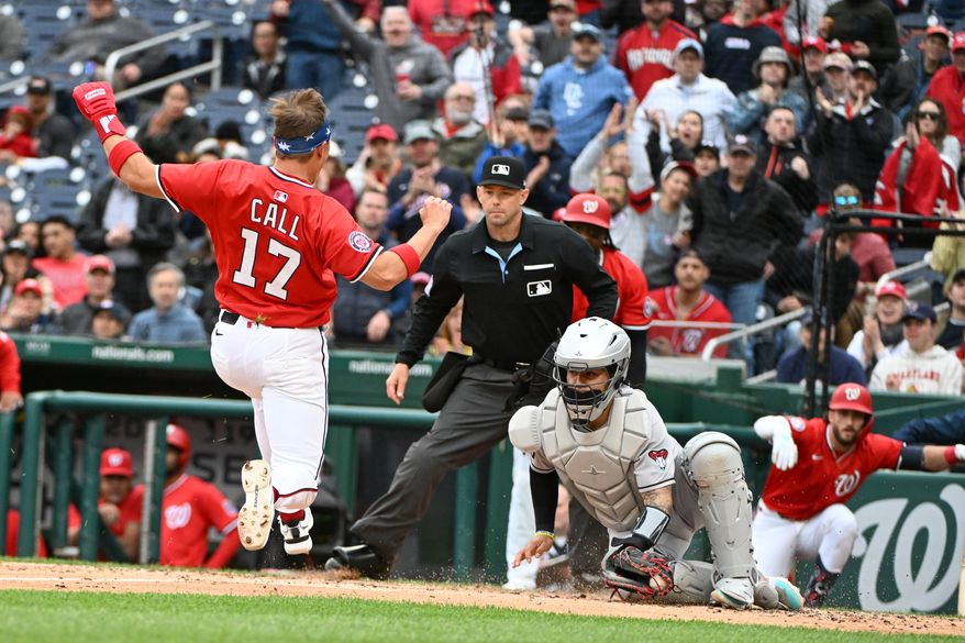 Washington Nationals right fielder Alex Call (17) sliding into home after trying to score on Paul DeJong’s double during the third inning of an MLB game against the Arizona Diamondbacks at Nationals Park in Washington D.C., April 6, 2025. Call was out at home. (Photo by All-Pro Reels for Washington Times Sports)