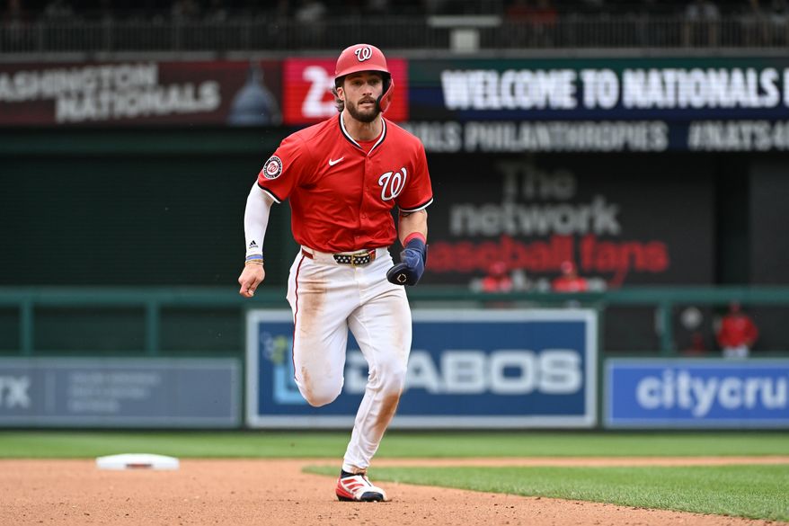 Washington Nationals right fielder Dylan Crews (3) running to third on Luis Garcia’s fly ball during the fourth inning of an MLB game against the Arizona Diamondbacks at Nationals Park in Washington D.C., April 6, 2025. (Photo by All-Pro Reels for Washington Times Sports)