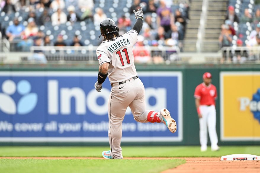 Arizona Diamondbacks catcher Jose Herrera (11) rounding the bases after hitting a home run during the second inning of an MLB game against the Arizona Diamondbacks at Nationals Park in Washington D.C., April 6, 2025. (Photo by All-Pro Reels for Washington Times Sports)