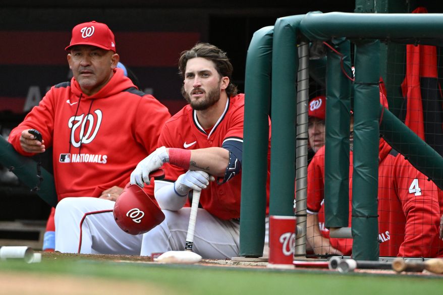 Washington Nationals right fielder Dylan Crews (3) in the dugout getting ready to hit during the seventh inning of an MLB game against the Arizona Diamondbacks at Nationals Park in Washington D.C., April 6, 2025. (Photo by All-Pro Reels for Washington Times Sports)