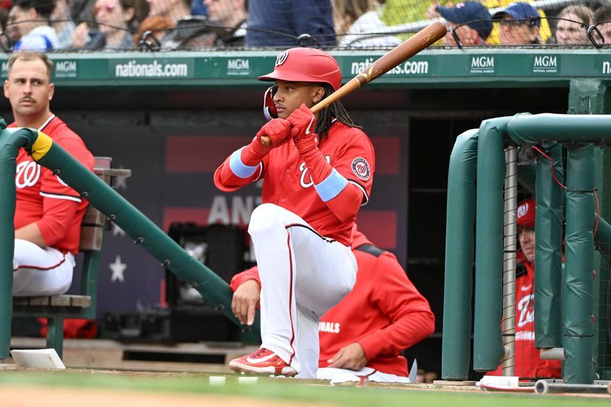Washington Nationals shortstop C.J. Abrams (5) on the top step of the dugout getting ready to hit during the seventh inning of an MLB game against the Arizona Diamondbacks at Nationals Park in Washington D.C., April 6, 2025. (Photo by All-Pro Reels for Washington Times Sports)