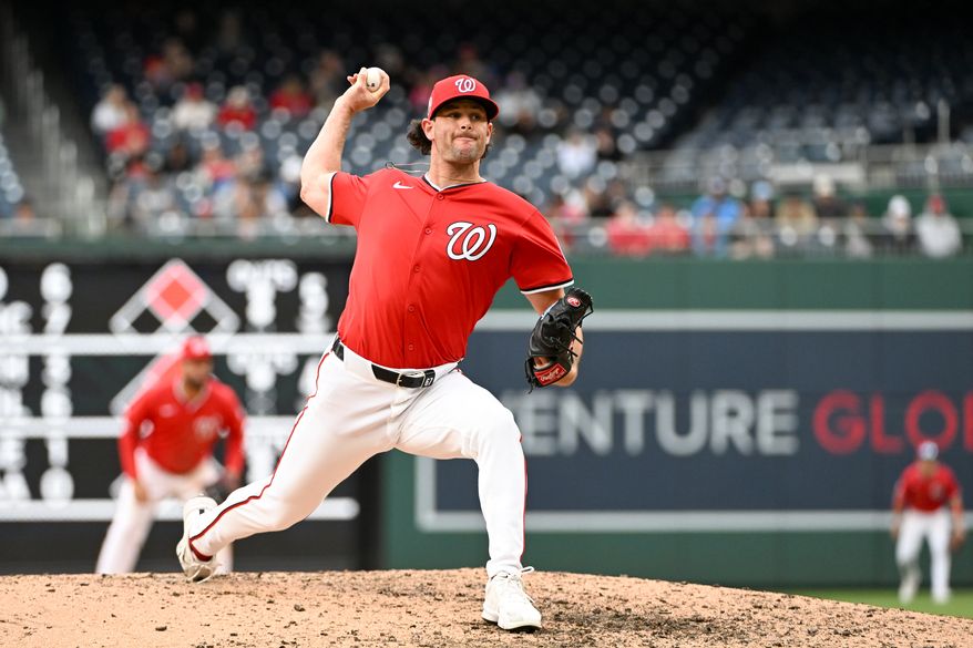 Washington Nationals relief pitcher Kyle Finnegan (67) throwing a pitch during the ninth inning of an MLB game against the Arizona Diamondbacks at Nationals Park in Washington D.C., April 6, 2025. Finnegan picked up the save in the Nats 5-4 win. (Photo by All-Pro Reels for Washington Times Sports)