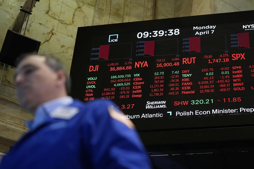 An electronic display shows financial information on the floor at the New York Stock Exchange in New York, Monday, April 7, 2025. (AP Photo/Seth Wenig)