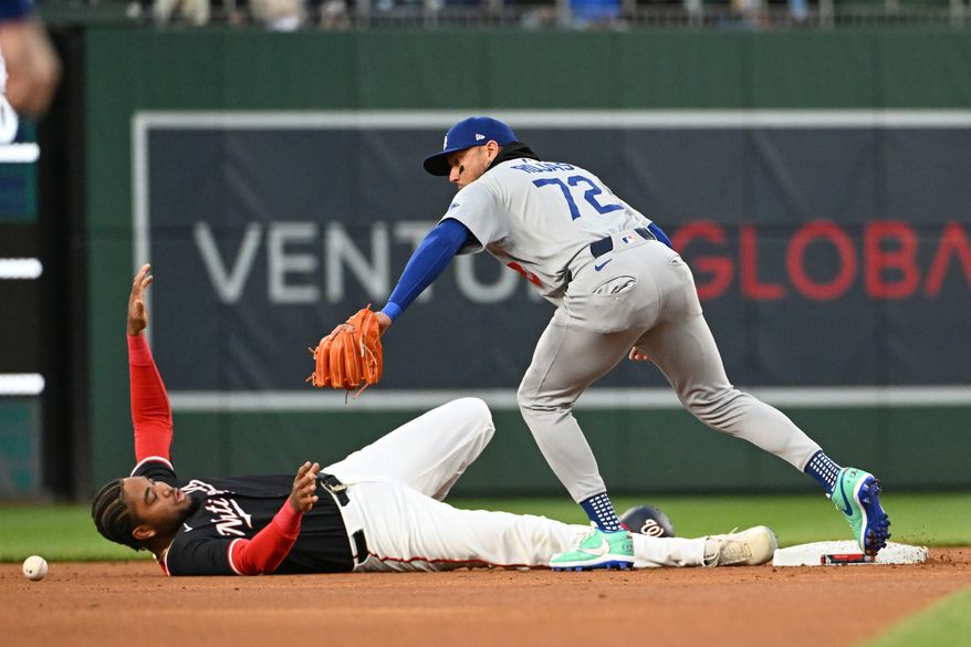 Washington Nationals left fielder James Wood (29) stealing second base during the first inning of an MLB game against the Los Angeles Dodgers at Nationals Park in Washington D.C., April 7, 2025. (Photo by All-Pro Reels for Washington Times Sports)