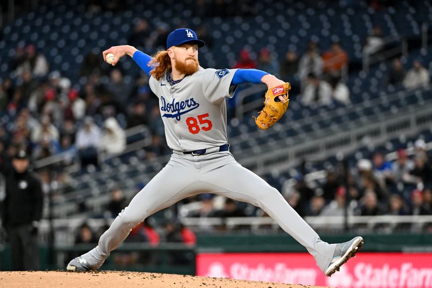 Los Angeles Dodgers starting pitcher Dustin May (85) throwing a pitch during the first inning of an MLB game against the Washington Nationals at Nationals Park in Washington D.C., April 7, 2025. (Photo by All-Pro Reels for Washington Times Sports)