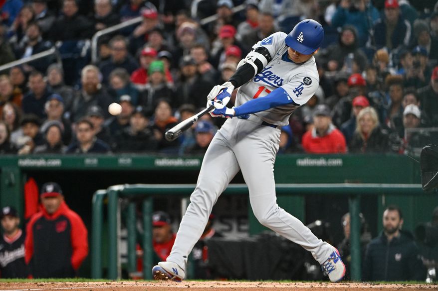 Los Angeles Dodgers designated hitter Shohei Ohtani (17) hitting a home run during the third inning of an MLB game against the Washington Nationals at Nationals Park in Washington D.C., April 7, 2025. (Photo by All-Pro Reels for Washington Times Sports)