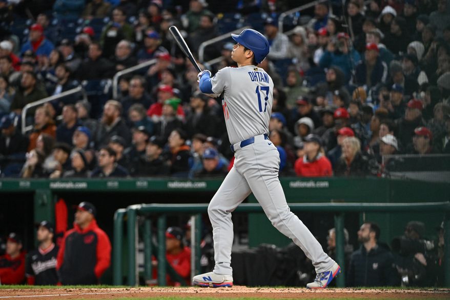 Los Angeles Dodgers designated hitter Shohei Ohtani (17) hitting a home run during the third inning of an MLB game against the Washington Nationals at Nationals Park in Washington D.C., April 7, 2025. (Photo by All-Pro Reels for Washington Times Sports)