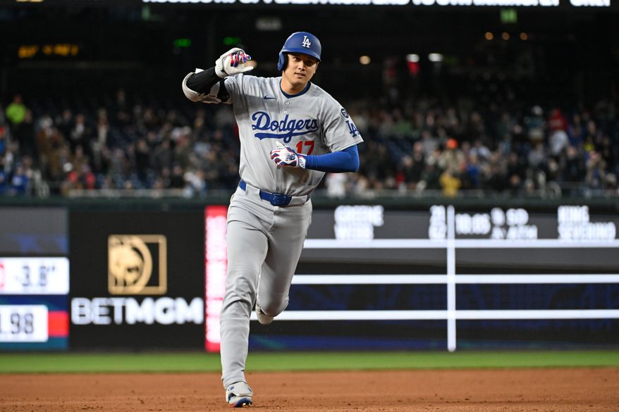 Los Angeles Dodgers designated hitter Shohei Ohtani (17) running the bases after hitting a home run during the third inning of an MLB game against the Washington Nationals at Nationals Park in Washington D.C., April 7, 2025. (Photo by All-Pro Reels for Washington Times Sports)