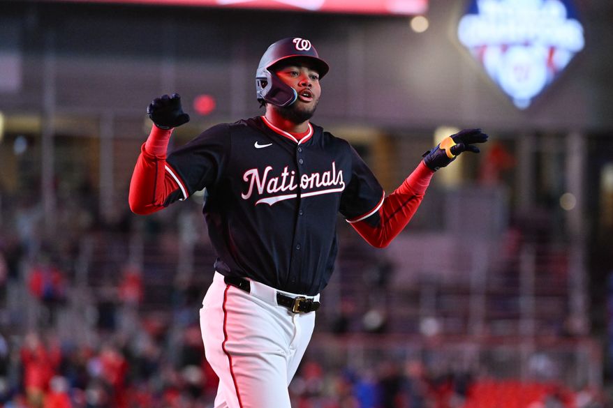Washington Nationals left fielder James Wood (29) rounding third base after hitting a home run during the seventh inning of an MLB game against the Los Angeles Dodgers at Nationals Park in Washington D.C., April 7, 2025. (Photo by All-Pro Reels for Washington Times Sports)