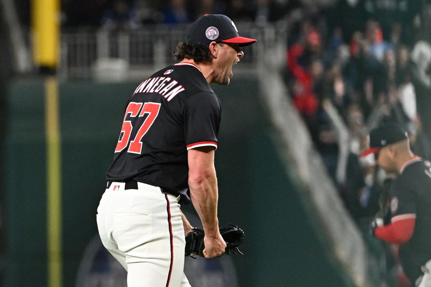 Washington Nationals relief pitcher Kyle Finnegan (67) celebrating after getting the final out in the team’s 6-4 win over the Los Angeles Dodgers at Nationals Park in Washington D.C., April 7, 2025. (Photo by All-Pro Reels for Washington Times Sports)