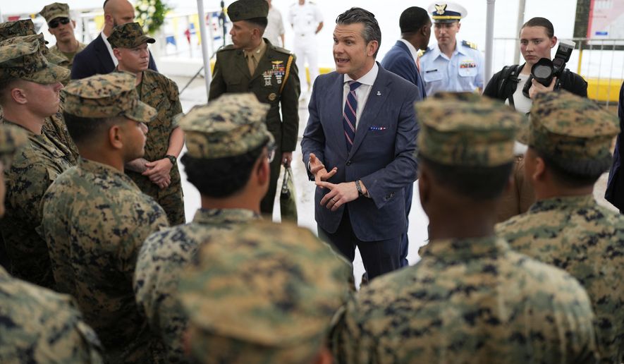 U.S. Defense Secretary Pete Hegseth speaks with U.S. troops after a joint drill with Panamanian forces at the Port of Rodman in West Panama on Tuesday, April 8, 2025. (AP Photo/Matias Delacroix) **FILE**