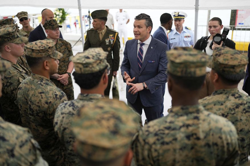 U.S. Defense Secretary Pete Hegseth speaks with U.S. troops after a joint drill with Panamanian forces at the Port of Rodman in West Panama on Tuesday, April 8, 2025. (AP Photo/Matias Delacroix) **FILE**