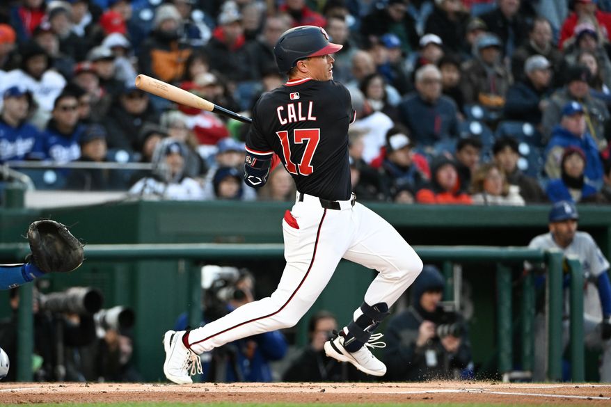 Washington Nationals left fielder Alex Call (17) hitting a single during the first inning of an MLB game against the Los Angeles Dodgers at Nationals Park in Washington D.C., April 8, 2025. (Photo by All-Pro Reels for Washington Times Sports)