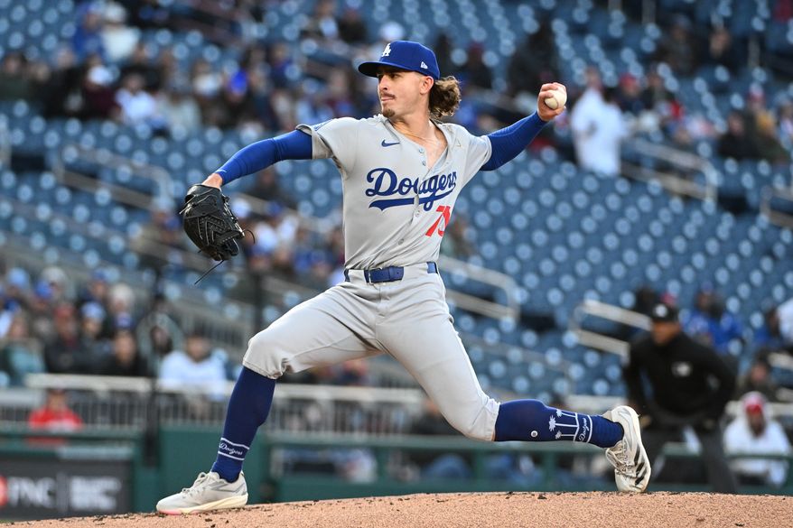 Los Angeles Dodgers starting pitcher Justin Wrobleski (70) throwing a pitch during the first inning of an MLB game against the Washington Nationals at Nationals Park in Washington D.C., April 8, 2025. (Photo by All-Pro Reels for Washington Times Sports)