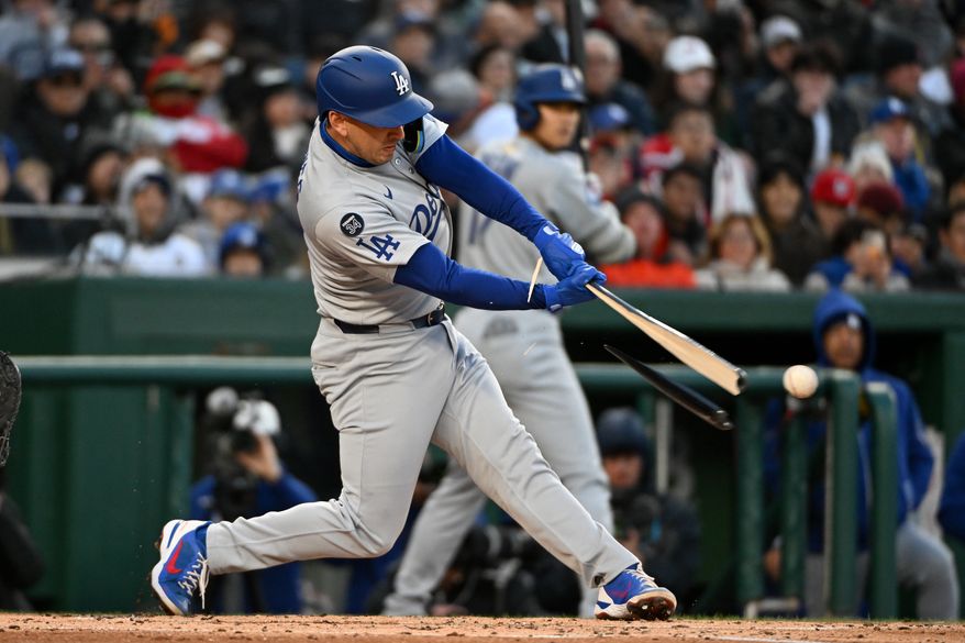 Los Angeles Dodgers centerfielder Andy Pages (44) breaking his bat during the second inning of an MLB game against the Washington Nationals at Nationals Park in Washington D.C., April 8, 2025. (Photo by All-Pro Reels for Washington Times Sports)