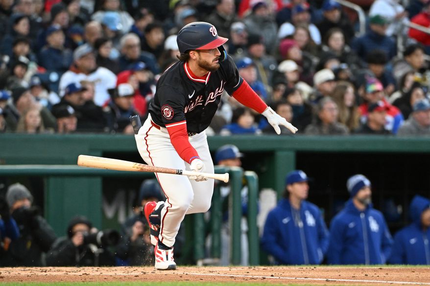 Washington Nationals center fielder Dylan Crews (3) hitting a single second inning of an MLB game against the Los Angeles Dodgers at Nationals Park in Washington D.C., April 8, 2025. (Photo by All-Pro Reels for Washington Times Sports)