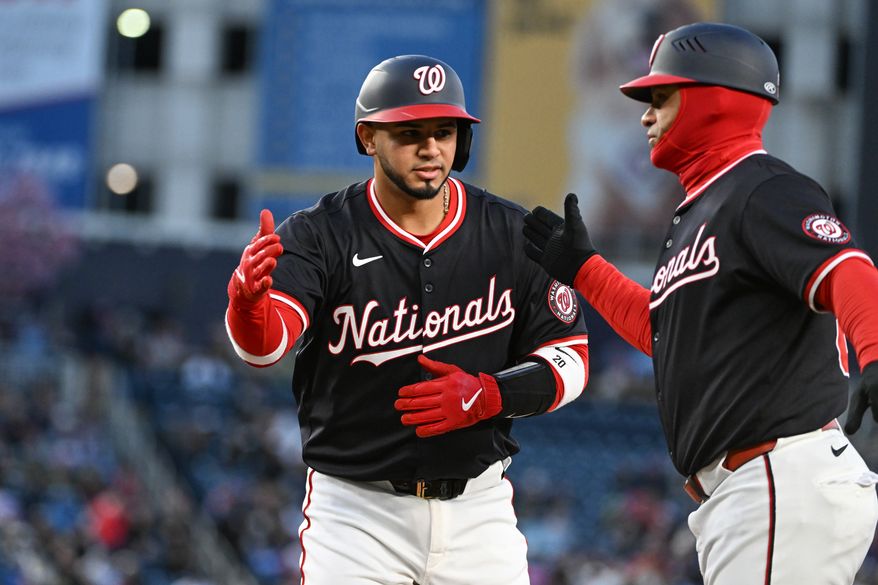 Washington Nationals catcher Keibert Ruiz (20) on first base after hitting a single during the second inning of an MLB game against the Los Angeles Dodgers at Nationals Park in Washington D.C., April 8, 2025. (Photo by All-Pro Reels for Washington Times Sports)